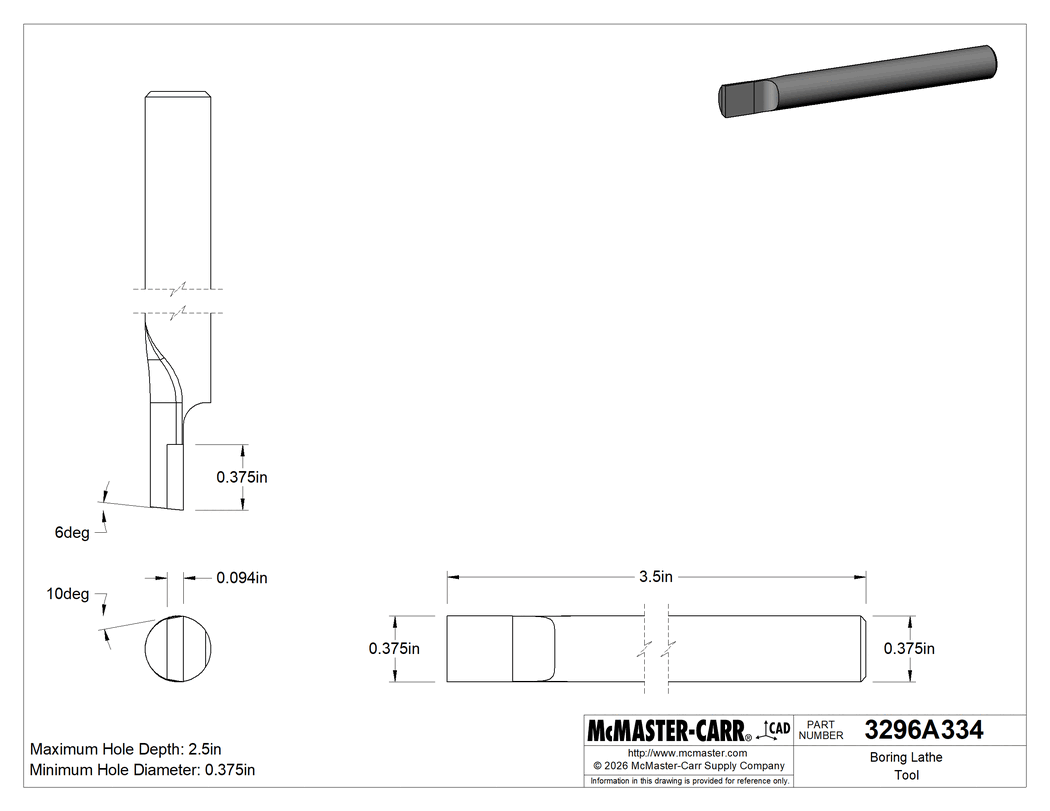 Technical Drawing of Boring Lathe Tool, Round Shank, 3/8" Minimum Hole Diameter, 3-1/2" Overall Length .